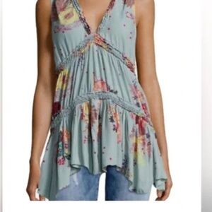 Free people blue haze tiered ruffle floral babydoll top size large